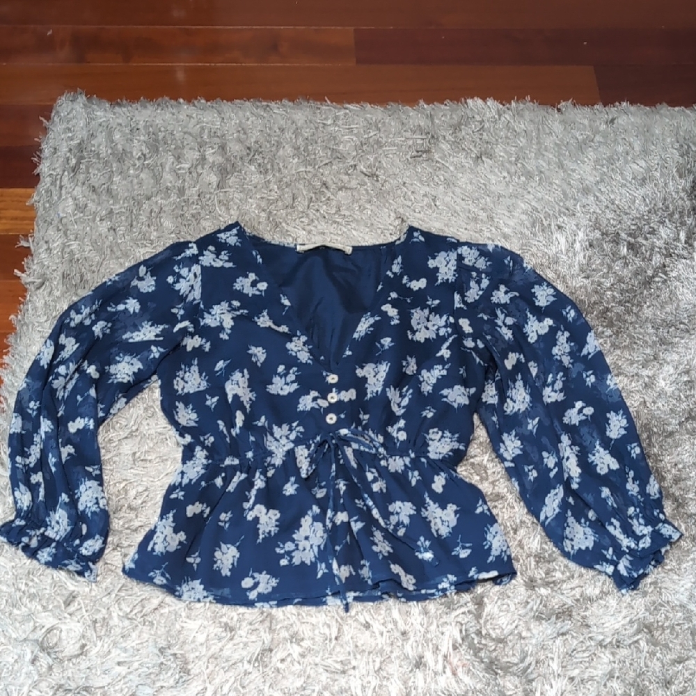 Abercrombie & Fitch Blue Tie Front Peplum Blouse